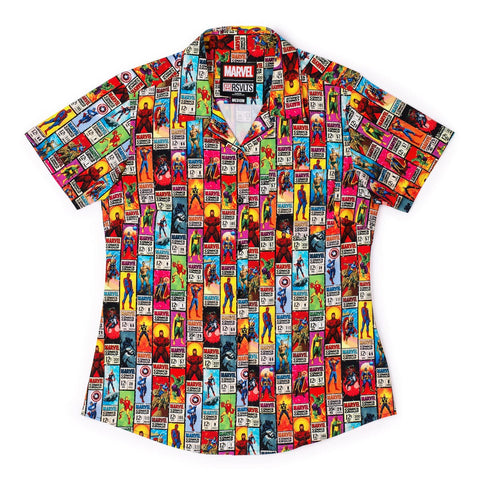 rsvlts-xs-marvel-womens-short-sleeve-shirt-marvel-85th-anniversary-corner-box-brigade-womens-kunuflex-short-sleeve-shirt